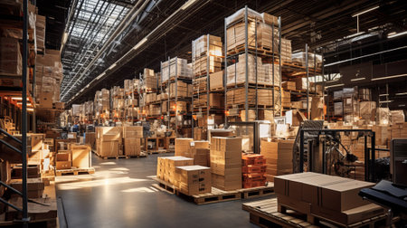 A large warehouse with many shelves full of cardboard boxesの素材