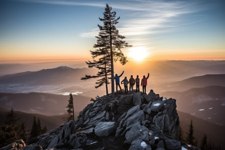 People celebrating their success on a mountaintopの素材