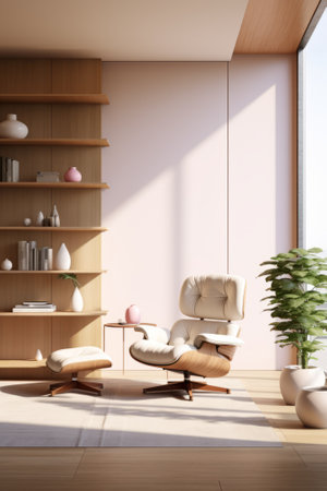 A modern living room with a large window, a pink accent wall, and a brown leather chairの素材
