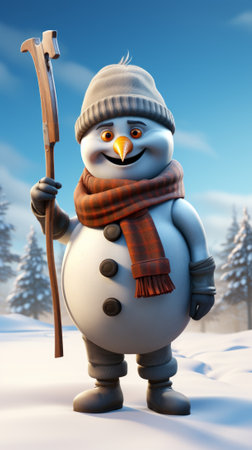A happy snowman is holding a wooden stick and wearing a hat and scarfの素材
