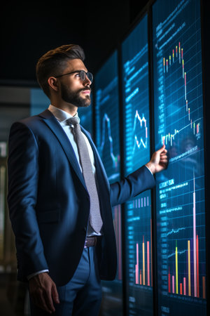 Businessman analyzing stock market data on multiple screensの素材