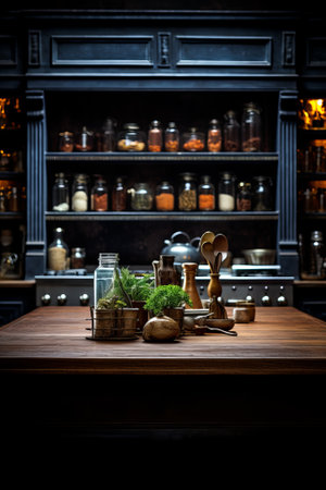 An illustration of a kitchen with a wooden table, a variety of jars and bottles, and a few cooking utensils.の素材