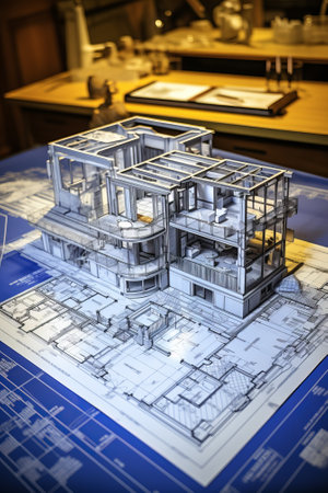 A 3D model of a house on top of a blueprintの素材