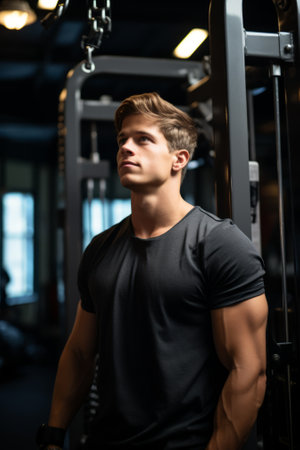 muscular man in black t-shirt standing in front of exercise equipmentの素材