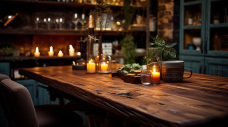 Rustic wooden table with candles and decorationsの素材