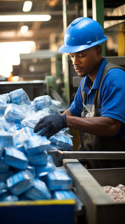 Black man wearing blue hard hat working in factoryの素材