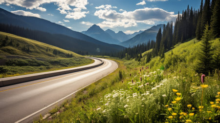 Scenic view of a winding road through a valley with mountains in the distanceの素材
