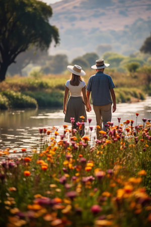 A couple is walking along a riverbank with colorful flowers in the foregroundの素材