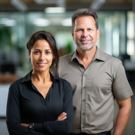 Portrait of two business professionals, a man and a woman, smiling and standing close to one another in an office environmentの素材