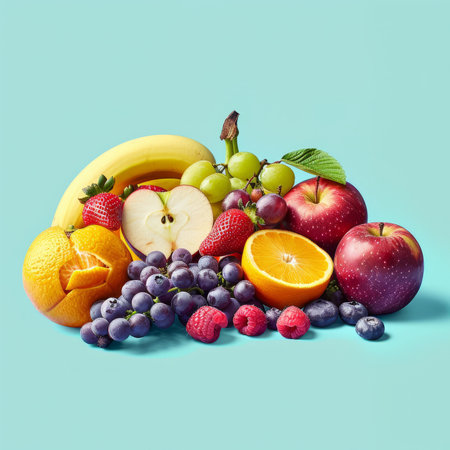 A variety of fruits including apples, grapes, bananas, oranges, raspberries, strawberries, and blueberriesの素材