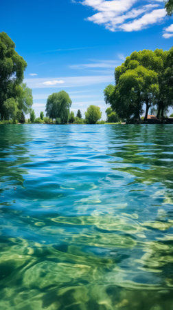Blue lake water surface and green treesの素材