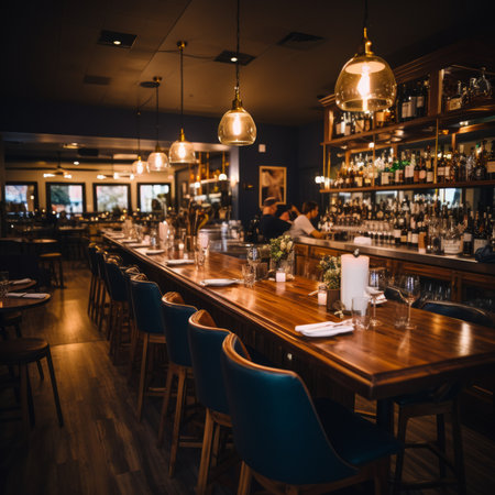 Elegant bar interior with wooden table and chairsの素材