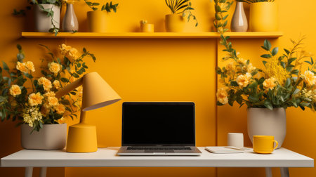 A yellow and white desk with a laptop, lamp, and flowersの素材
