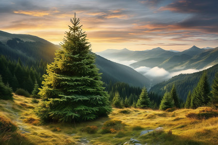 The sun rises over a lonely pine tree in the mountainsの素材