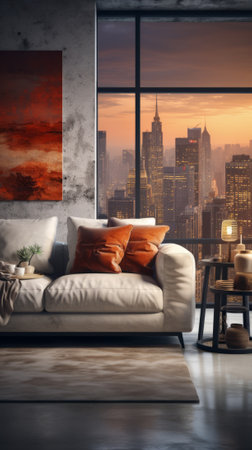 Modern living room interior design with sofa and city viewの素材