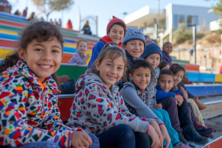 A group of happy children sitting on a colorful staircaseの素材