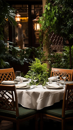 Elegant restaurant table set up in a lush gardenの素材