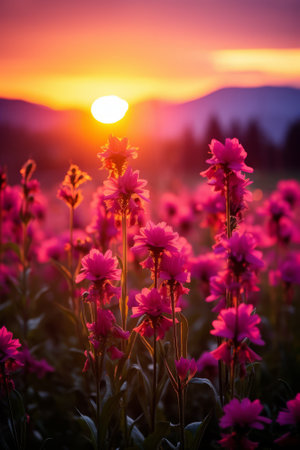 Field of pink flowers with a sunset in the backgroundの素材