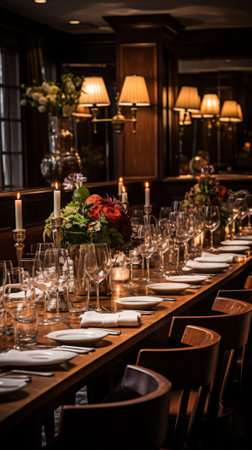 Long wooden table set for a dinner party with flowers and candlesの素材