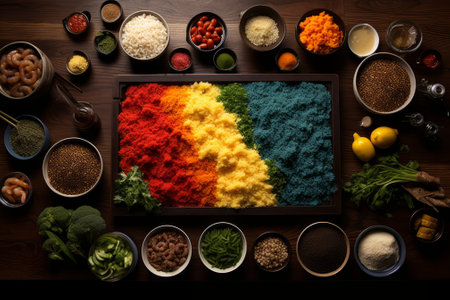 Colorful ingredients arranged beautifully on a wooden tableの素材