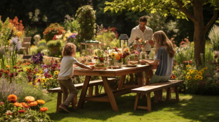 Family of three having a picnic in a lush gardenの素材