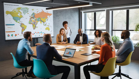 Diverse business professionals discussing global marketing strategy in modern officeの素材