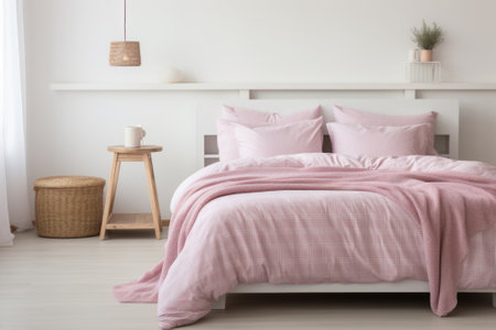 A cozy pink and white bedroom with a comfortable bed, a small table, and a basket.の素材
