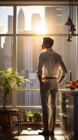 Young man looking out the window at the cityscapeの素材