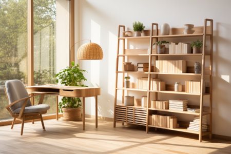 A stylish home office with a large wooden desk, a comfortable chair, and a beautiful bookshelf.の素材