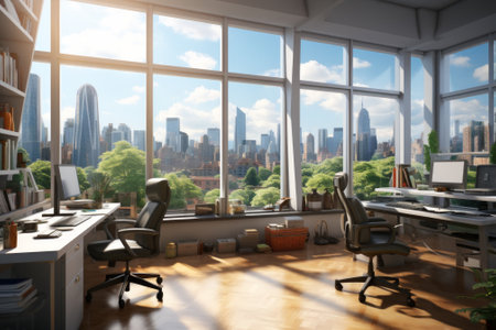 Two black leather chairs in front of a large window overlooking a city skylineの素材
