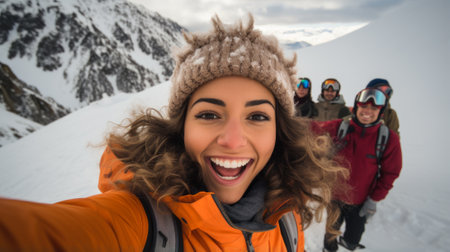 A group of friends enjoying the view from the top of a snow-capped mountainの素材