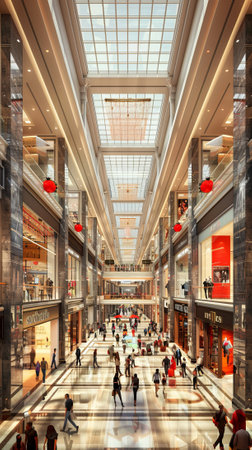 People walking in a large shopping mall with a glass roofの素材