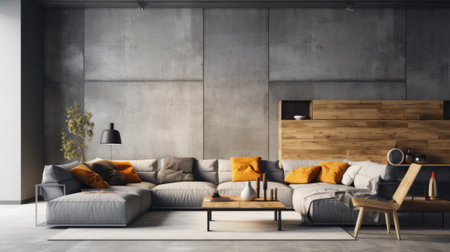Modern Minimalist Living Room Design With Concrete Wall And Wooden Dividerの素材