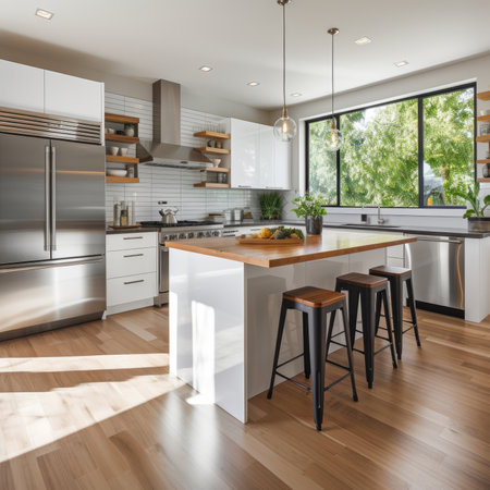 Modern kitchen with stainless steel appliances and a large island with seatingの素材