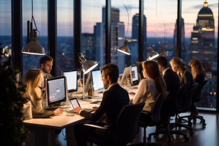 A group of people working in an office at nightの素材