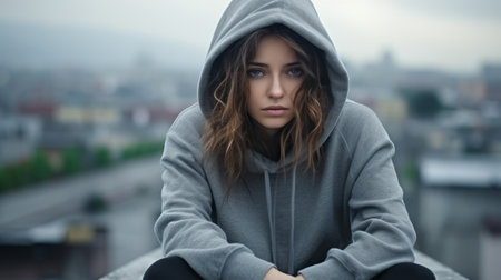 Portrait of a beautiful young woman in a gray hoodie looking away from the cameraの素材