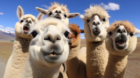 A group of alpacas looking at the cameraの素材