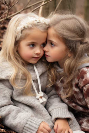 Two little girls with blonde hair are sitting in the woods looking at each otherの素材