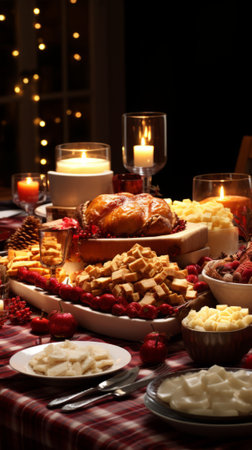 A table full of food with a roasted chicken, candles, and other dishesの素材