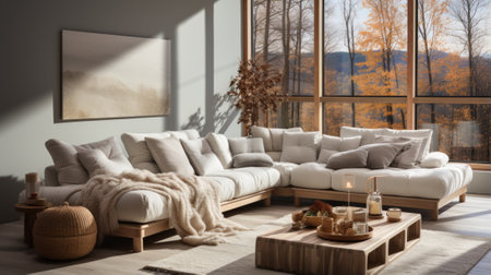 A cozy living room with a large sectional sofa, coffee table, rug, and autumn forest viewの素材