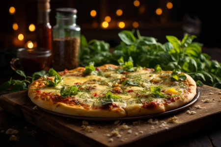 A delicious pizza with basil leaves on a wooden boardの素材