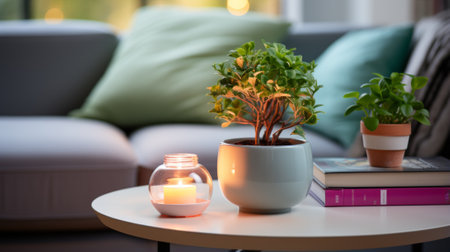 A small tree, a candle and a potted plant on a tableの素材