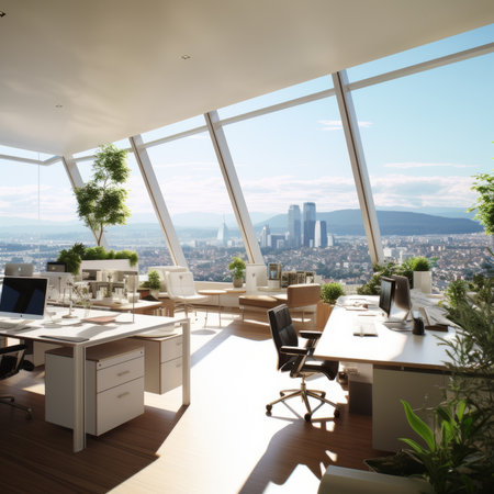 A modern office with a city viewの素材