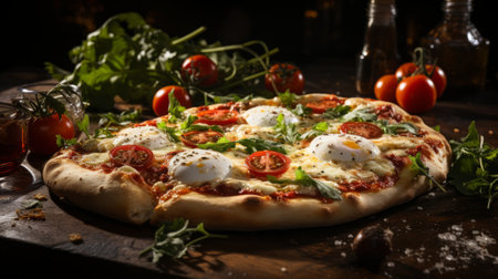 Pizza with eggs, tomatoes and herbs on a wooden boardの素材