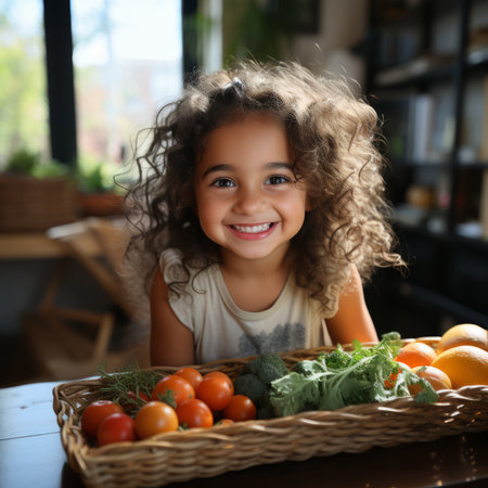 Little girl with curly hair smiling next to a basket of fruits and vegetablesの素材