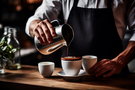 Barista pouring hot chocolate into a cupの素材