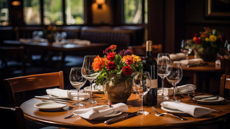 An elegant table setting in a restaurant with a vase of flowers and a bottle of wineの素材