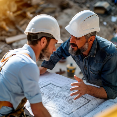 Two construction workers are discussing a building planの素材