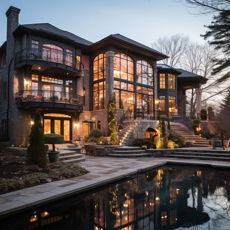 A luxurious mansion with a pool and a beautiful landscapeの素材