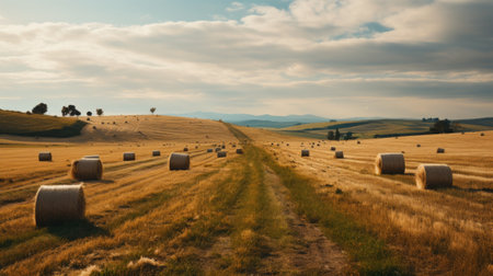 Field of hay rolls under the cloudy skyの素材